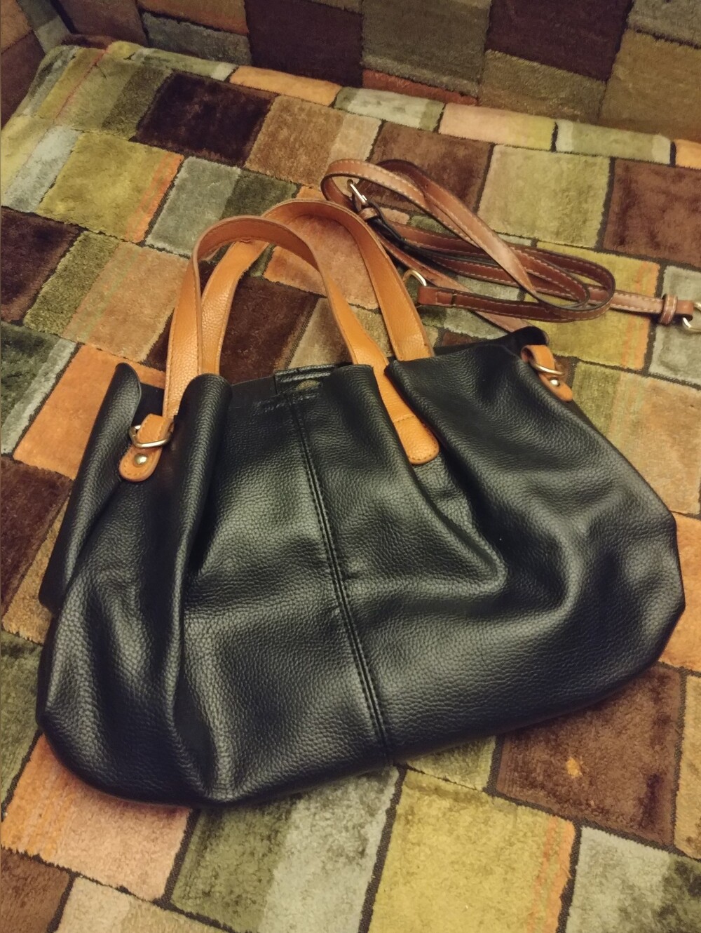 Black Leather Tote Bag with Tan Handle